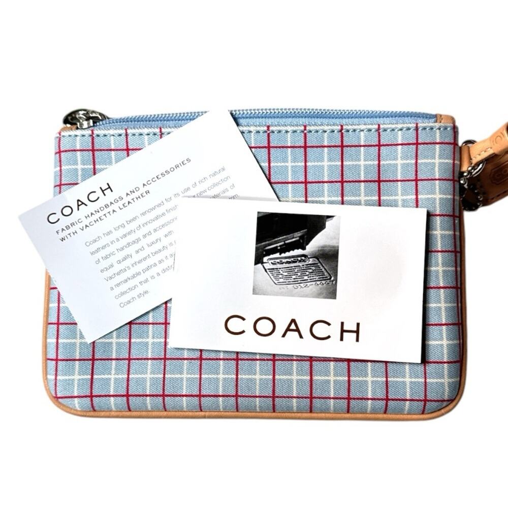 Coach Vintage Tattersall Plaid Wristlet Blue Pink White Tan - Picture 4 of 5